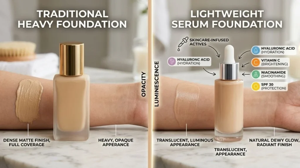 Comparison of traditional heavy foundation versus lightweight hybrid serum foundation with skincare actives