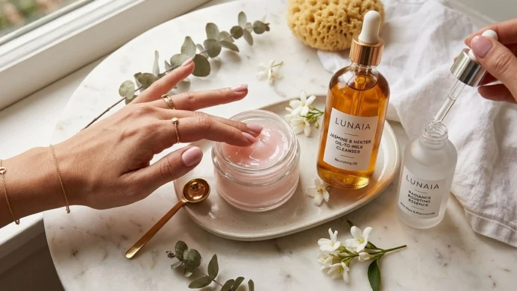 K-Beauty products showing bouncy gel textures, oil-to-milk cleansers, and sensorial application experience