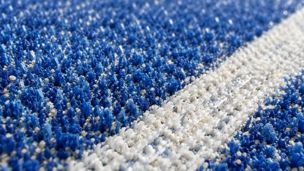 Detail karpet padel dengan serat rumput sintetis biru dan infill pasir silika
