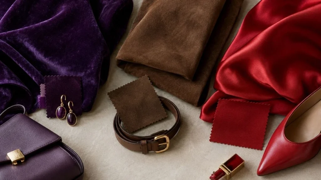 Color palette showing royal purple, chocolate brown, and cherry red trending colors with fabric textures