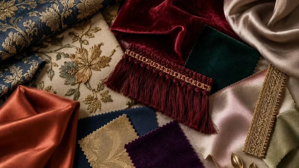 Luxury fabric swatches showing brocade, embroidery, velvet, fringe, and silk textures trending in 2026