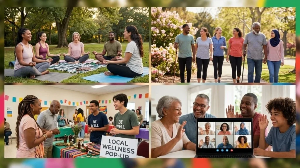 Diverse communal wellness activities showing group meditation, walking groups, pop-ups, and online communities