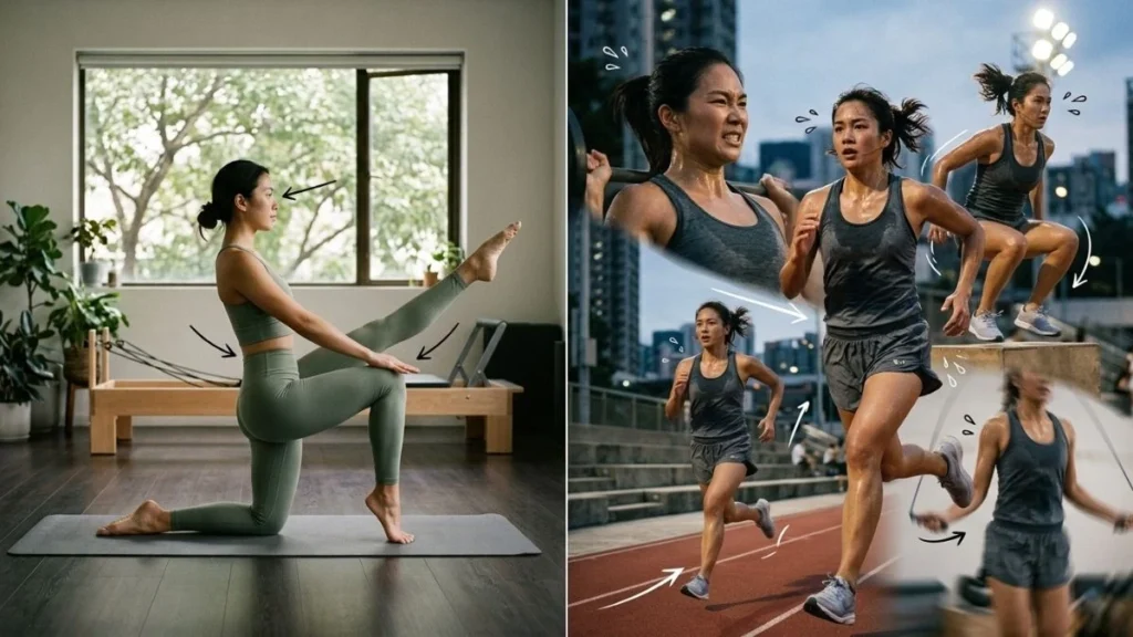 Comparison showing slow fitness precision movements versus past high-intensity workout approaches