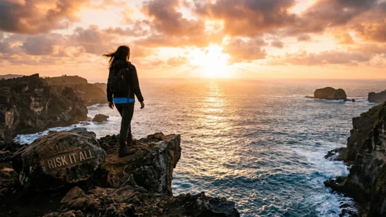 Ilustrasi seseorang yang berani melompat melewati rintangan sebagai simbol risk it all artinya dalam mengejar mimpi.