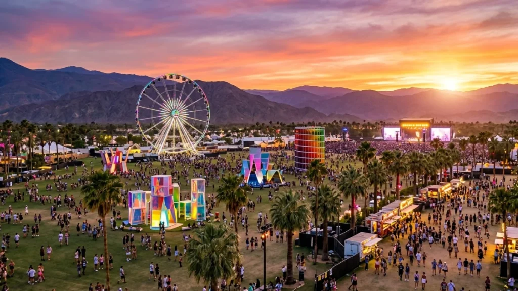 Pemandangan ikonik kincir ria raksasa dan instalasi seni di lokasi Coachella, Indio, California.