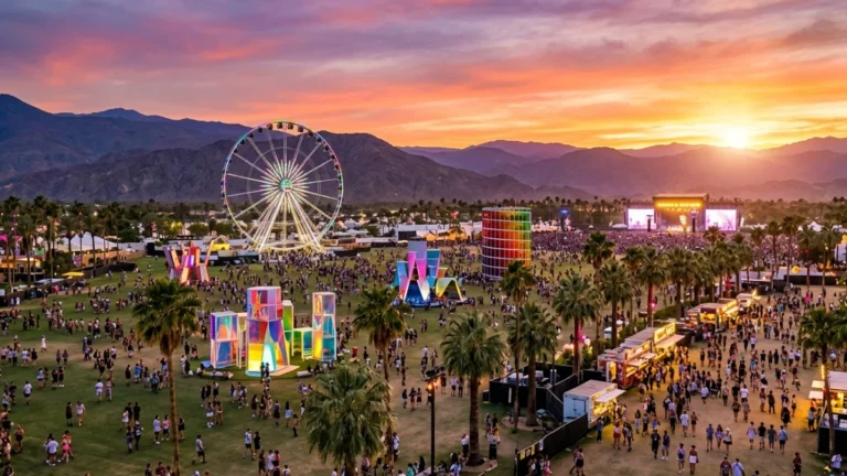 Pemandangan ikonik kincir ria raksasa dan instalasi seni di lokasi Coachella, Indio, California.