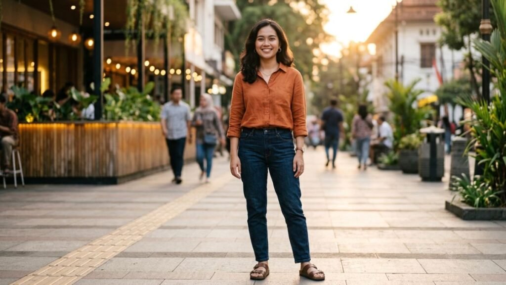 Ilustrasi baddie artinya — perempuan muda Indonesia berdiri percaya diri dengan ekspresi yang kuat dan tampilan yang intentional