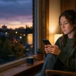 Ilustrasi excited sendiri artinya — perempuan muda duduk sendiri memegang ponsel sambil menunggu balasan yang tidak kunjung datang