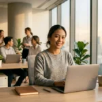 Wanita profesional Indonesia tersenyum puas menutup hari kerja dengan kata-kata motivasi hari Jumat di kantor modern.