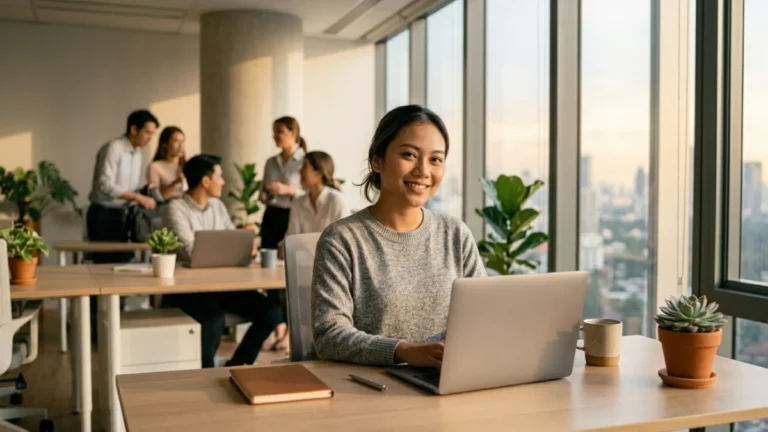 Wanita profesional Indonesia tersenyum puas menutup hari kerja dengan kata-kata motivasi hari Jumat di kantor modern.