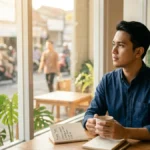 Pria Indonesia membaca kata-kata motivasi hari Senin sambil menikmati kopi di kafe minimalis yang cerah.