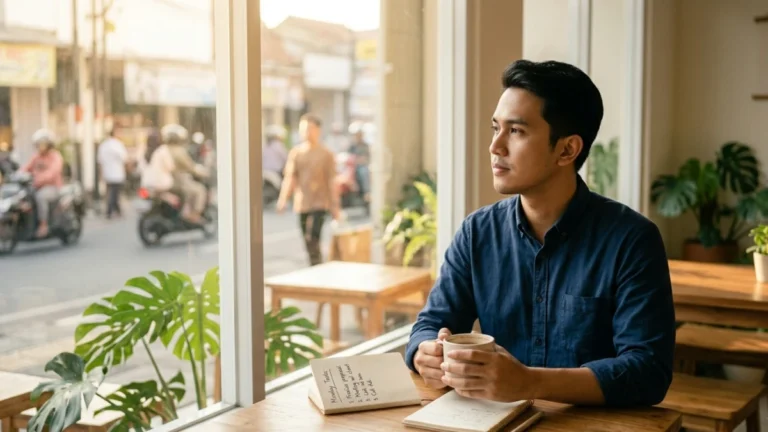 Pria Indonesia membaca kata-kata motivasi hari Senin sambil menikmati kopi di kafe minimalis yang cerah.