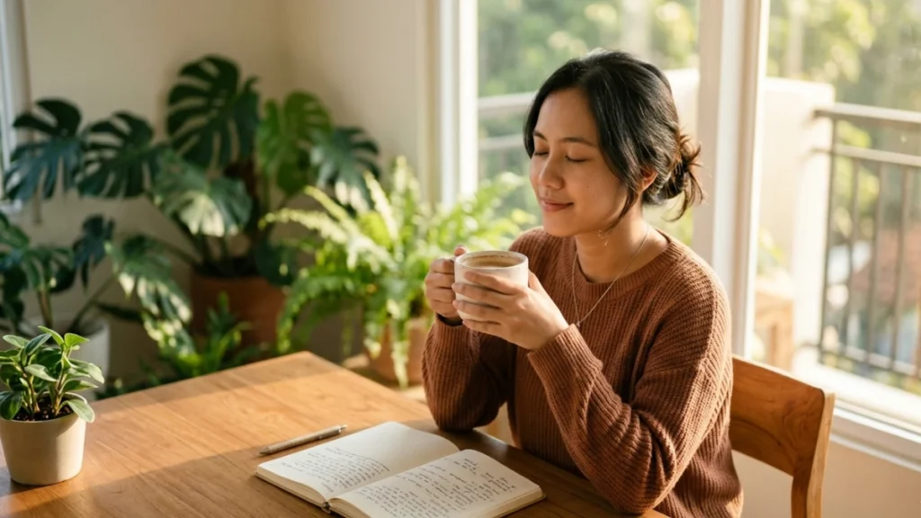 Wanita Indonesia membaca kata-kata motivasi pagi hari sambil menikmati kopi di meja kayu dengan cahaya alami.