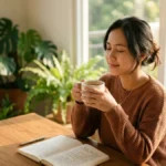 Wanita Indonesia membaca kata-kata motivasi pagi hari sambil menikmati kopi di meja kayu dengan cahaya alami.