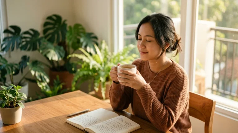 Wanita Indonesia membaca kata-kata motivasi pagi hari sambil menikmati kopi di meja kayu dengan cahaya alami.