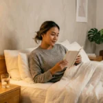 Wanita Indonesia membaca kata-kata motivasi sebelum tidur di kamar minimalis dengan pencahayaan hangat malam hari.