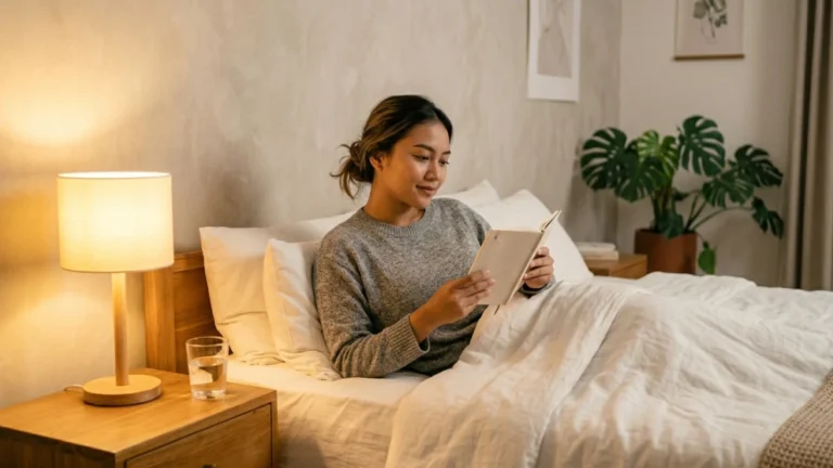 Wanita Indonesia membaca kata-kata motivasi sebelum tidur di kamar minimalis dengan pencahayaan hangat malam hari.