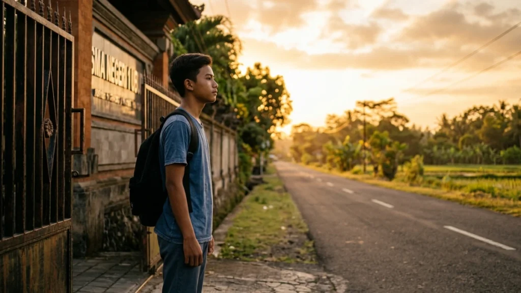 Seorang pelajar Indonesia berdiri di gerbang sekolah menatap jalan terbuka — kata-kata motivasi setelah lulus SMA