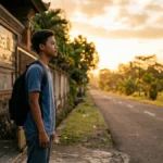 Seorang pelajar Indonesia berdiri di gerbang sekolah menatap jalan terbuka — kata-kata motivasi setelah lulus SMA