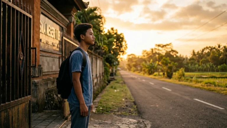 Seorang pelajar Indonesia berdiri di gerbang sekolah menatap jalan terbuka — kata-kata motivasi setelah lulus SMA