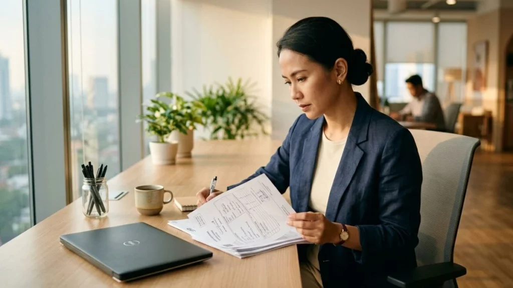 Profesional bisnis Indonesia mengevaluasi dokumen pengiriman, menggambarkan cara memilih jasa ekspedisi untuk bisnis