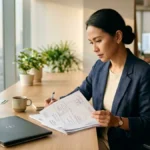 Profesional bisnis Indonesia mengevaluasi dokumen pengiriman, menggambarkan cara memilih jasa ekspedisi untuk bisnis