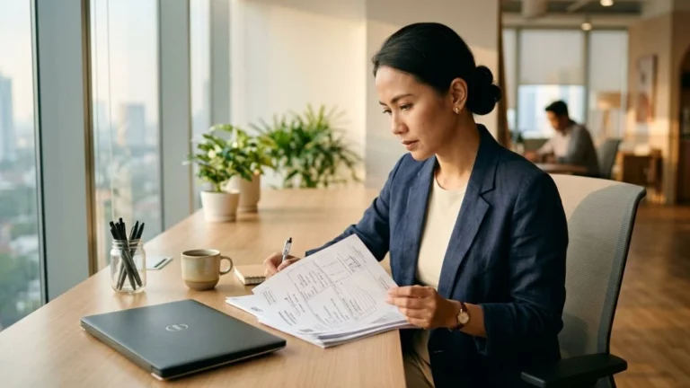 Profesional bisnis Indonesia mengevaluasi dokumen pengiriman, menggambarkan cara memilih jasa ekspedisi untuk bisnis