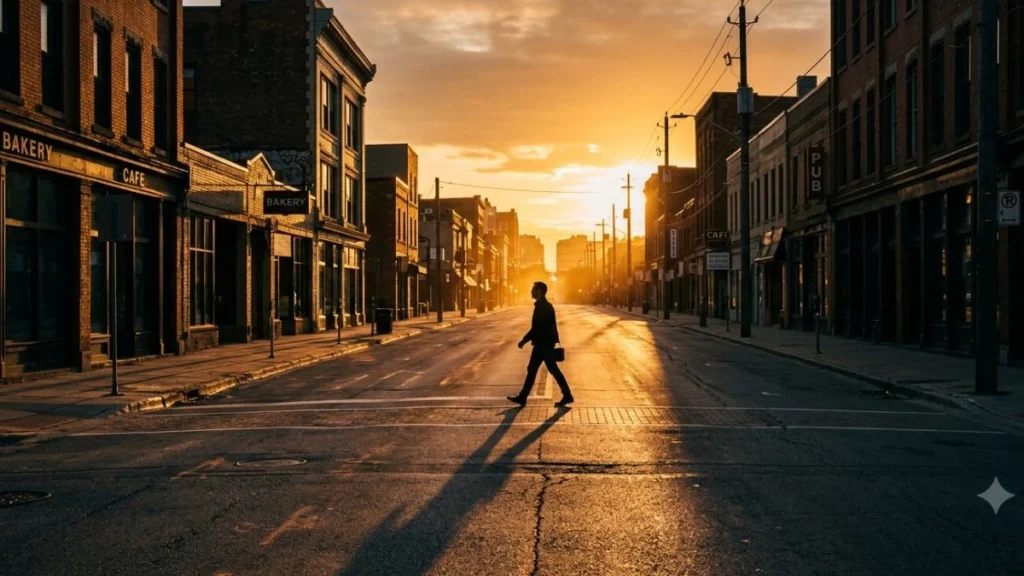 Siluet seseorang berjalan percaya diri di jalan kota saat golden hour, menggambarkan main character artinya