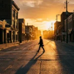 Siluet seseorang berjalan percaya diri di jalan kota saat golden hour, menggambarkan main character artinya
