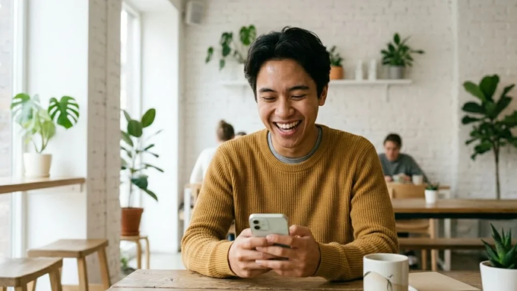 Pria muda Indonesia tertawa melihat ponsel, menggambarkan penggunaan ungkapan no cap dalam percakapan sehari-hari