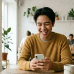 Pria muda Indonesia tertawa melihat ponsel, menggambarkan penggunaan ungkapan no cap dalam percakapan sehari-hari