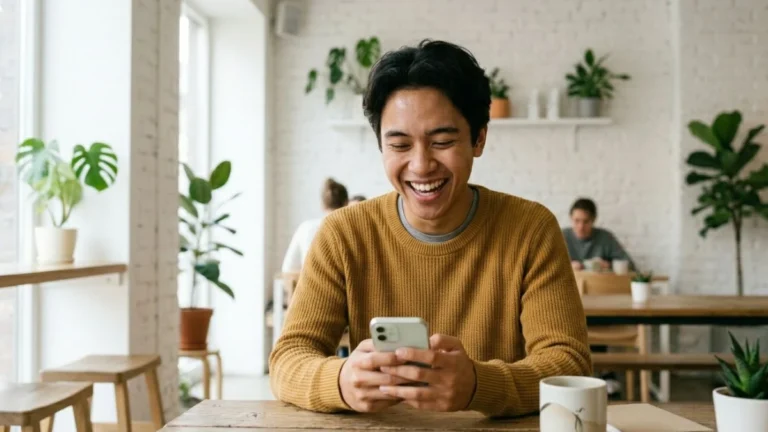 Pria muda Indonesia tertawa melihat ponsel, menggambarkan penggunaan ungkapan no cap dalam percakapan sehari-hari