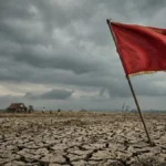 Bendera merah tertancap di tanah kering, simbol red flag artinya tanda bahaya dalam hubungan