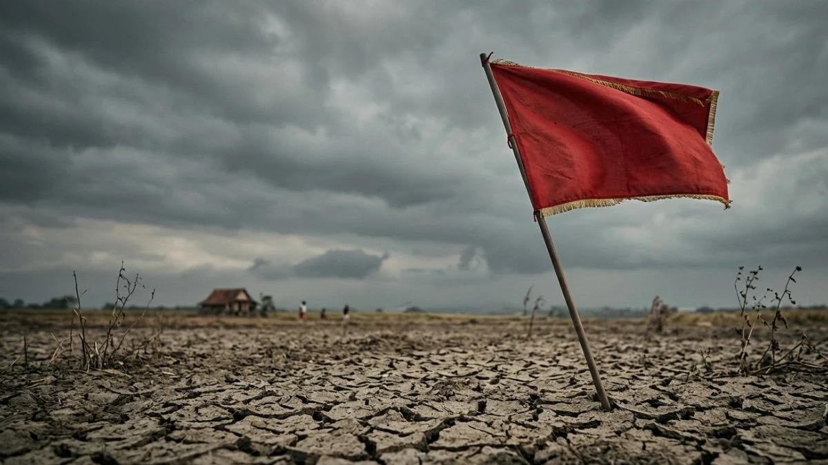 Bendera merah tertancap di tanah kering, simbol red flag artinya tanda bahaya dalam hubungan