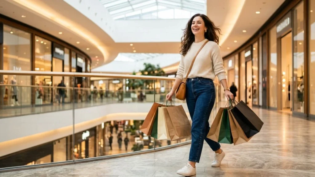 Ilustrasi shopping time artinya — perempuan muda membawa tas belanja di mall dengan ekspresi senang