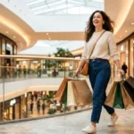 Ilustrasi shopping time artinya — perempuan muda membawa tas belanja di mall dengan ekspresi senang