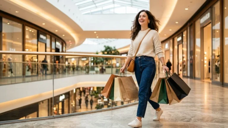 Ilustrasi shopping time artinya — perempuan muda membawa tas belanja di mall dengan ekspresi senang