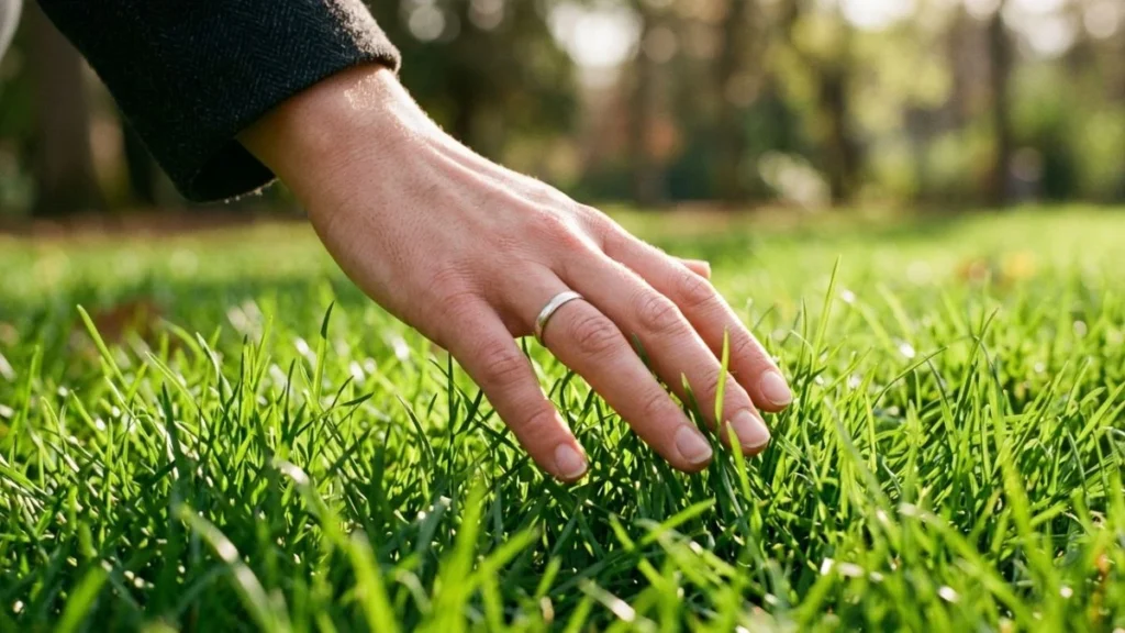 Ilustrasi touch grass artinya — tangan menyentuh rumput hijau sebagai simbol kembali ke dunia nyata