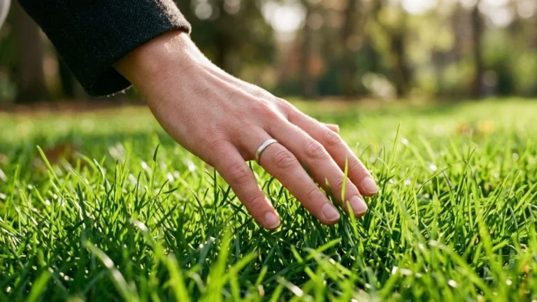 Ilustrasi touch grass artinya — tangan menyentuh rumput hijau sebagai simbol kembali ke dunia nyata