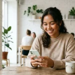 Perempuan muda Indonesia tersenyum melihat ponsel di kafe, menggambarkan penggunaan ungkapan bahasa Inggris gaul dalam keseharian