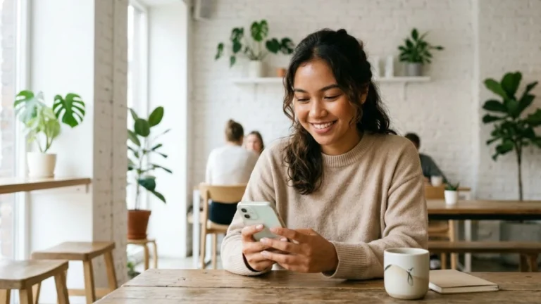 Perempuan muda Indonesia tersenyum melihat ponsel di kafe, menggambarkan penggunaan ungkapan bahasa Inggris gaul dalam keseharian