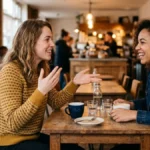 Ilustrasi yapping artinya — dua orang sedang mengobrol seru di kafe dengan ekspresi yang ekspresif dan penuh semangat