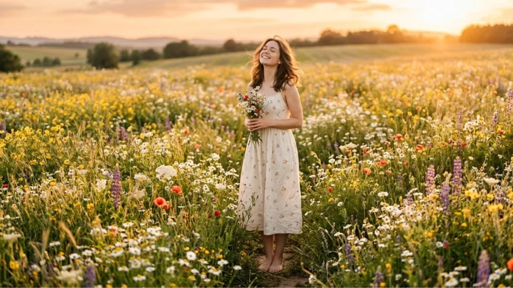 Ilustrasi butterfly era artinya — perempuan muda berdiri di padang bunga saat golden hour dengan ekspresi bahagia dan sedikit gugup yang menggambarkan fase jatuh cinta