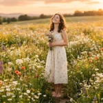 Ilustrasi butterfly era artinya — perempuan muda berdiri di padang bunga saat golden hour dengan ekspresi bahagia dan sedikit gugup yang menggambarkan fase jatuh cinta