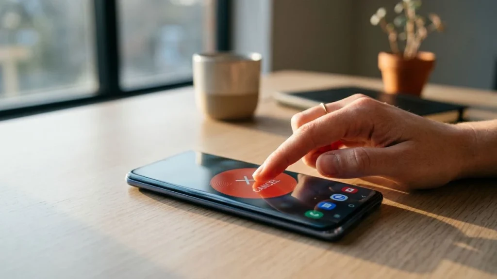 Tangan menekan tombol cancel di smartphone menggambarkan makna cancel artinya membatalkan