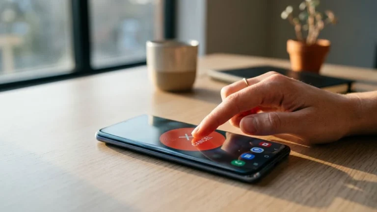 Tangan menekan tombol cancel di smartphone menggambarkan makna cancel artinya membatalkan
