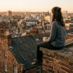 Ilustrasi chill artinya — seseorang duduk santai di rooftop sore hari menatap pemandangan kota dengan postur rileks tanpa ponsel