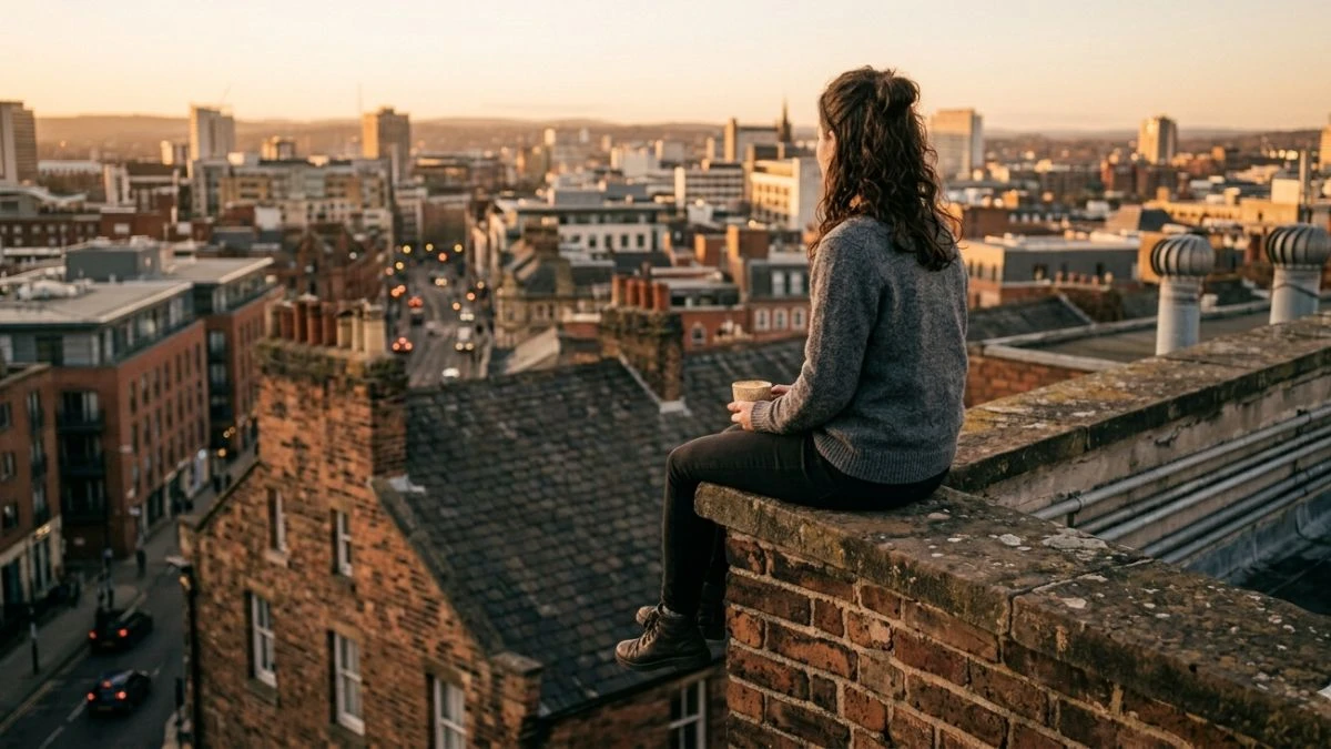 Ilustrasi chill artinya — seseorang duduk santai di rooftop sore hari menatap pemandangan kota dengan postur rileks tanpa ponsel