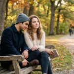 Ilustrasi clingy artinya — dua orang duduk berdampingan di taman, satu mendekat sementara yang lain menatap ke arah lain