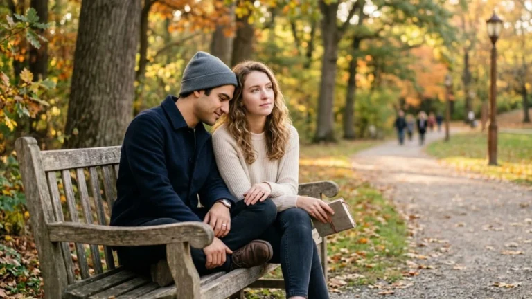 Ilustrasi clingy artinya — dua orang duduk berdampingan di taman, satu mendekat sementara yang lain menatap ke arah lain